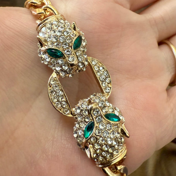 White Diamond Simulated Green Emerald Glass Leopard Head Link Gold Necklace