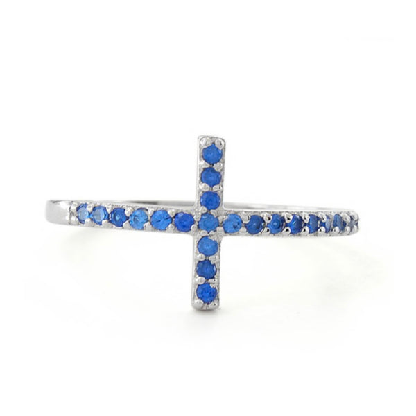 Sterling Silver Cross Blue Sapphire CZ Ring New