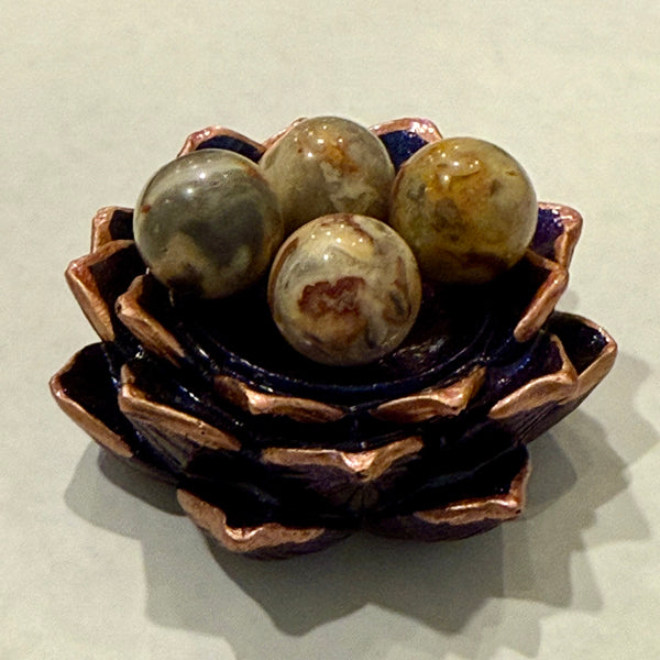 Lotus Flower Pedestal Nest With Round Crazy Lace Agate Stones