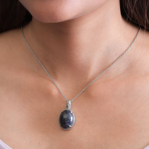 Blue Aventurine Oval Pendant Silver 20 In Necklace in 13.65 ctw New