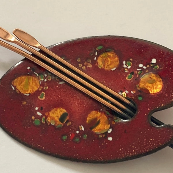 Vintage 50s Matisse Stamped Copper Painters Palette Enamel Artist Brooch Pin