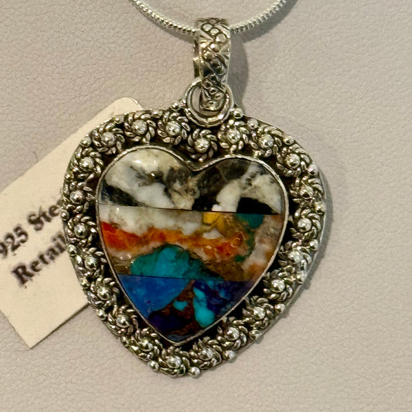 Southwestern Multi Turquoise Heart Pendant Necklace Floral Sterling Silver New