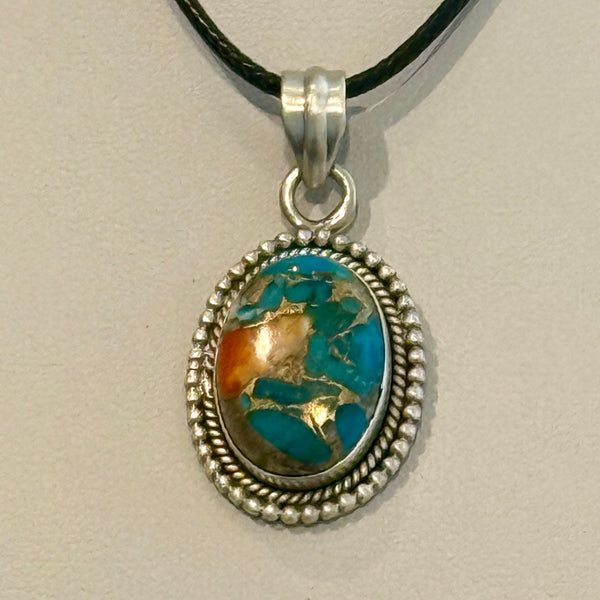 Spiny Oyster Turquoise Necklace Pendant Southwest Sterling Silver Beaded Framed
