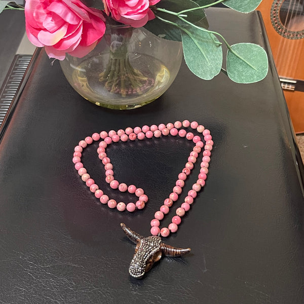 Stone Longhorn Cow Skull 30in Beaded Necklace