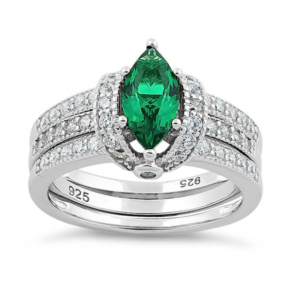 Sterling Silver Marquise Emerald Clear CZ Set Ring Size 6 New