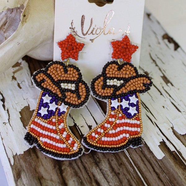 Western USA Patriot Cowboy Hat Beaded Earrings Womens Boho Casual Accessory New