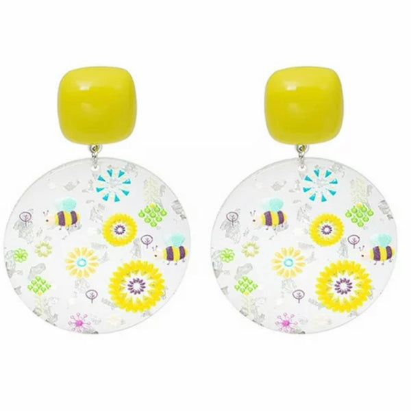 New Womens Boho Korean Designed Oil Painted Bee And Flower Acrylic Disc Dangle