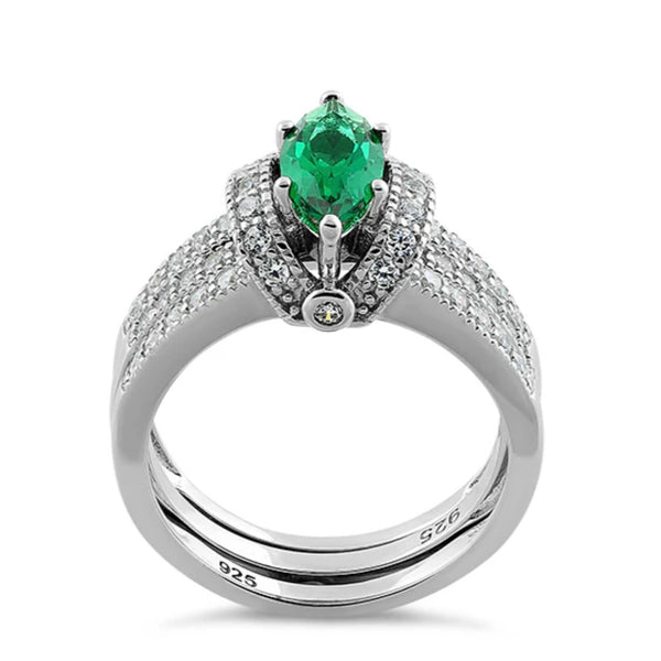 Sterling Silver Marquise Emerald Clear CZ Set Ring Size 6 New