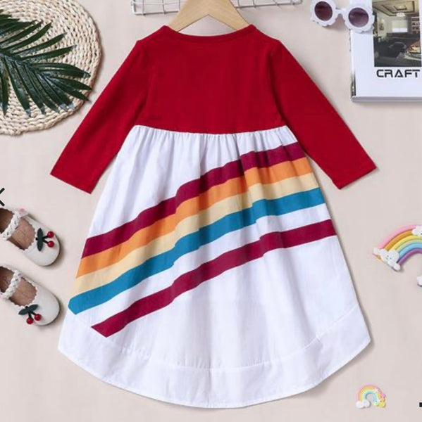 Rainbow Dress Girls High Low Long 3/4 Sleeve Casual Twirl Play Dress New