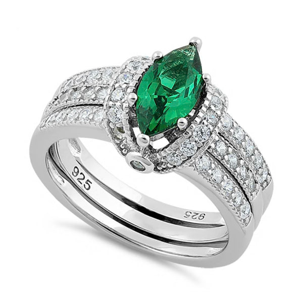 Sterling Silver Marquise Emerald Clear CZ Set Ring Size 6 New