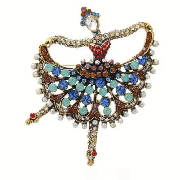 Ballerina Dancer Rhinestone Crystal Pearl Statement Brooch Pin