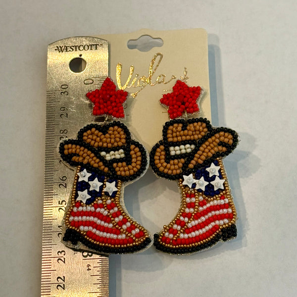 Western USA Patriot Cowboy Hat Beaded Earrings Womens Boho Casual Accessory New
