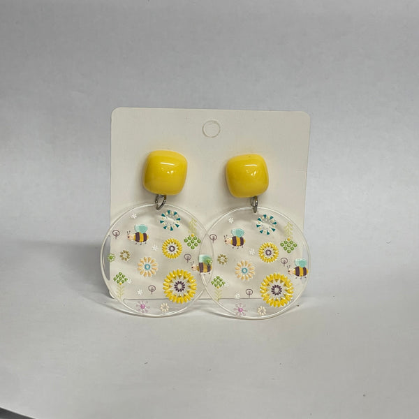 New Womens Boho Korean Designed Oil Painted Bee And Flower Acrylic Disc Dangle