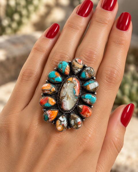 Southwestern Spiny Turquoise Statement Silver Ring Boho Artisan Design 6