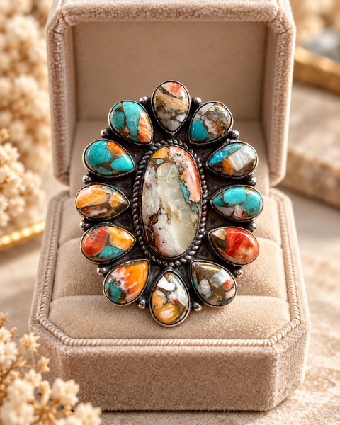 Southwestern Spiny Turquoise Statement Silver Ring Boho Artisan Design 6