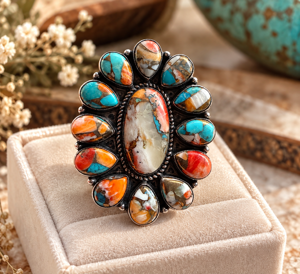 Southwestern Spiny Turquoise Statement Silver Ring Boho Artisan Design 6