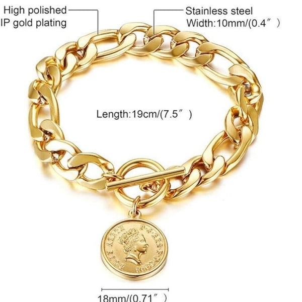 Cuban Link Chain Coin Bracelet Womens Gold Vintage Inspired