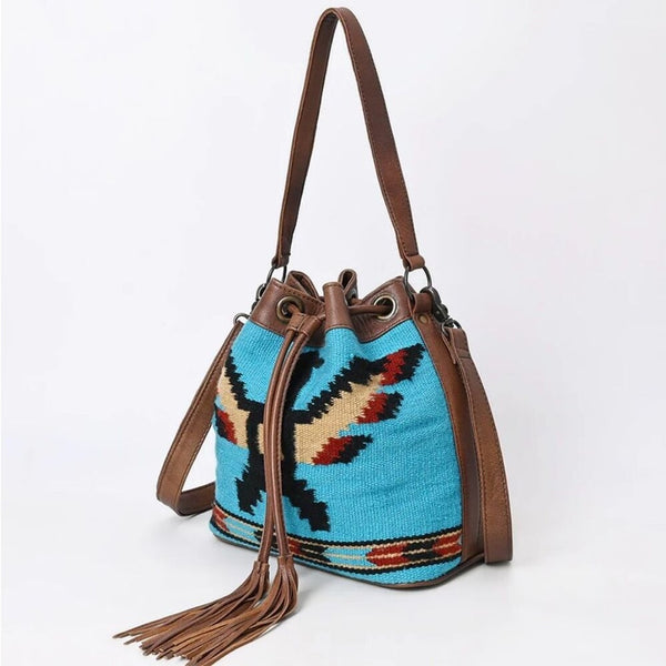 New Western Woven Thunderbird Leather Bucket Handbag
