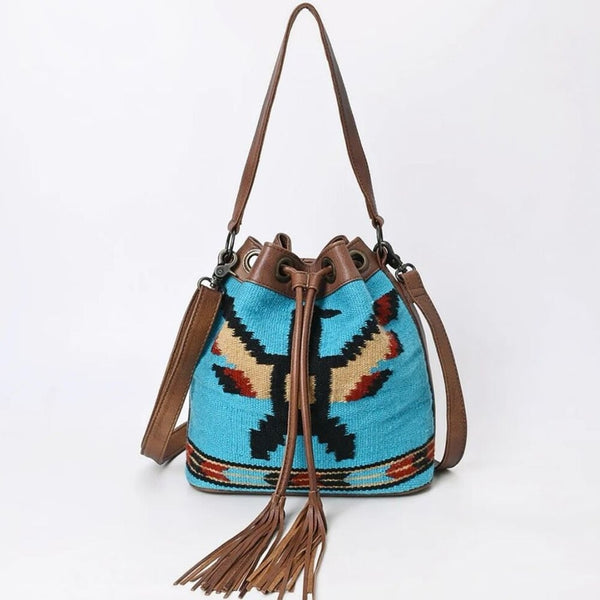 New Western Woven Thunderbird Leather Bucket Handbag