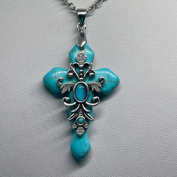 Turquoise Stone Cross Pendant Necklace