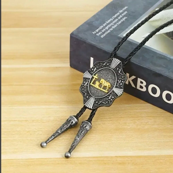 Western Oval Concho Bolo Tie Mens Thank God For Cowboys