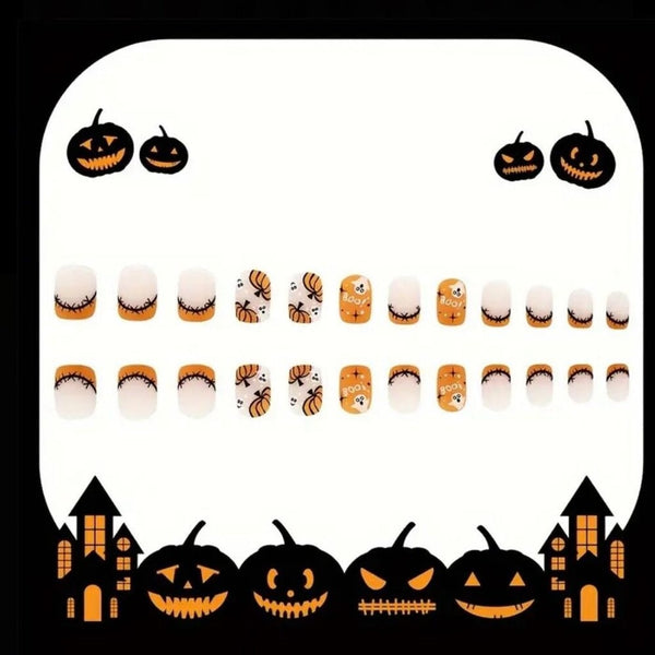 New 24pcs Spooky Pumpkin Halloween Nail Set Glossy