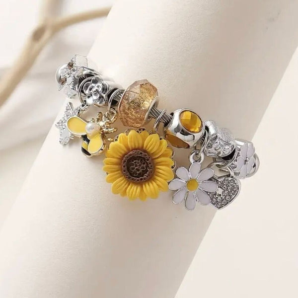 New Sunflower & Bee Charm Stainless Steel Bracelet