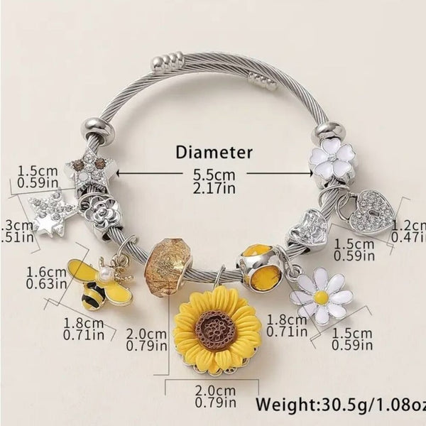New Sunflower & Bee Charm Stainless Steel Bracelet