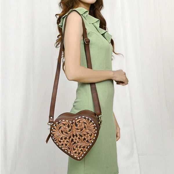 New Heart Canteen Purse Genuine Western Tooled Leather Women