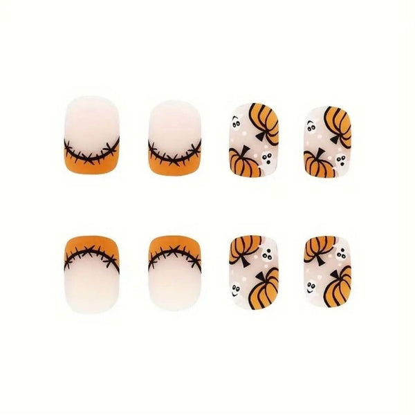 New 24pcs Spooky Pumpkin Halloween Nail Set Glossy