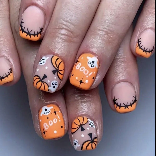 New 24pcs Spooky Pumpkin Halloween Nail Set Glossy
