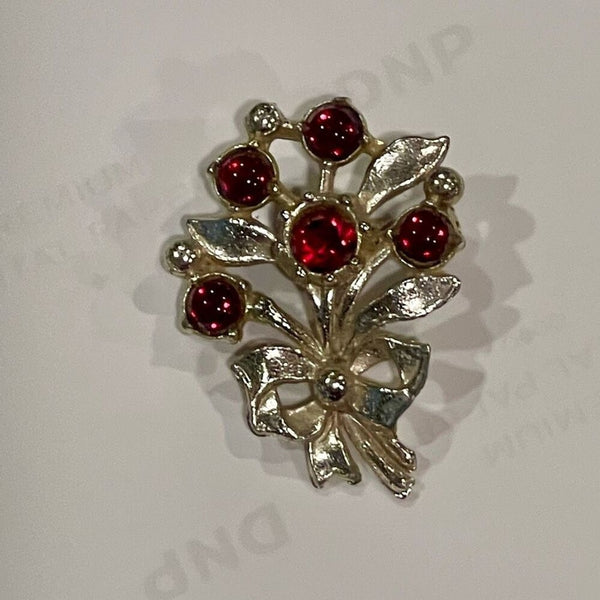 Vintage Red Crystal Garnet Glass Floral Bouquet Womens  Pin