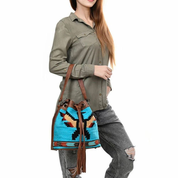 New Western Woven Thunderbird Leather Bucket Handbag
