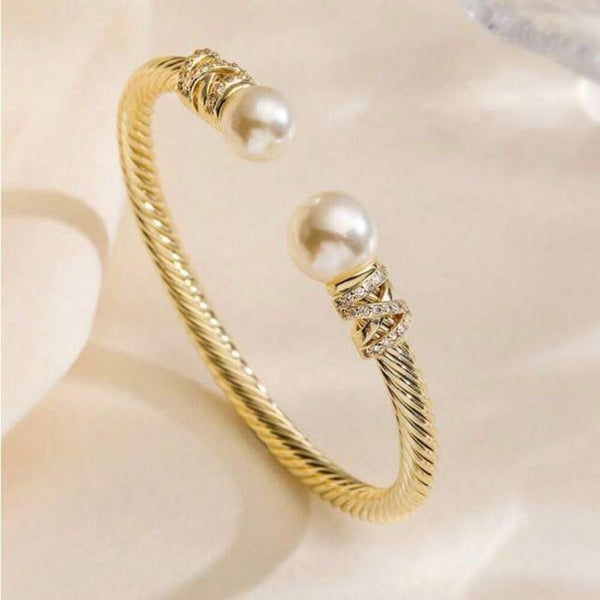 Gold Twisted Crystal Rhinestone & Pearl Cable Cuff Bracelet