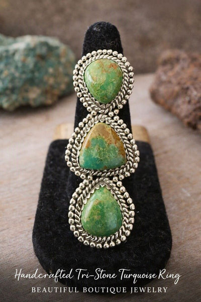 Handcrafted Tri-Stone Turquoise Ring in Sterling Silver Boutique Western Jewelry