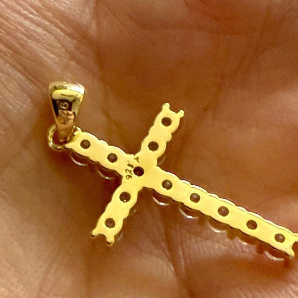 Dainty Gold Vermeil Diamond Simulant Cross Pendant High Polish 18 Inch Necklace