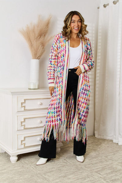 Multicolored Open Front Fringe Hem Western Boho Cardigan