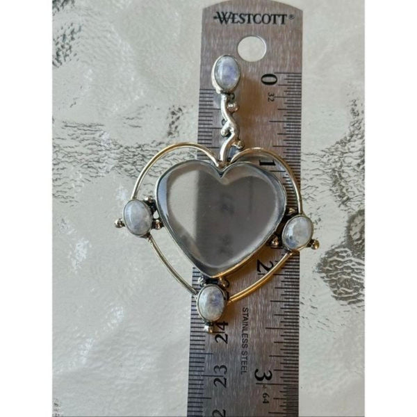 Large Heart Moonstone Accent Silver Pendant Necklace Southwestern Artisan Boho