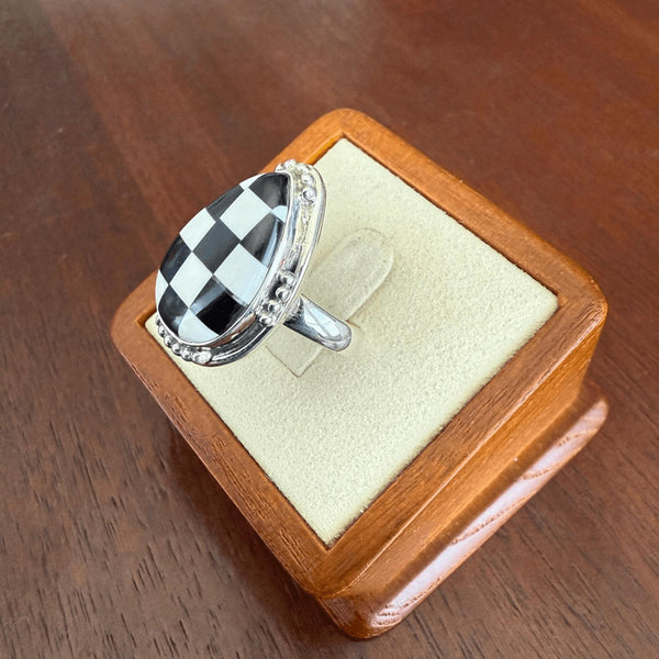 Trendy Southwest Onyx Checkerboard Sterling Silver Ring 8