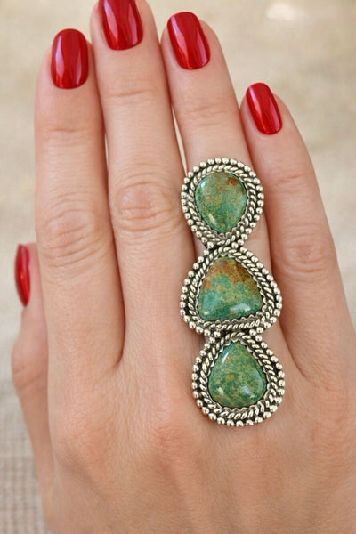 Handcrafted Tri-Stone Turquoise Ring in Sterling Silver Boutique Western Jewelry