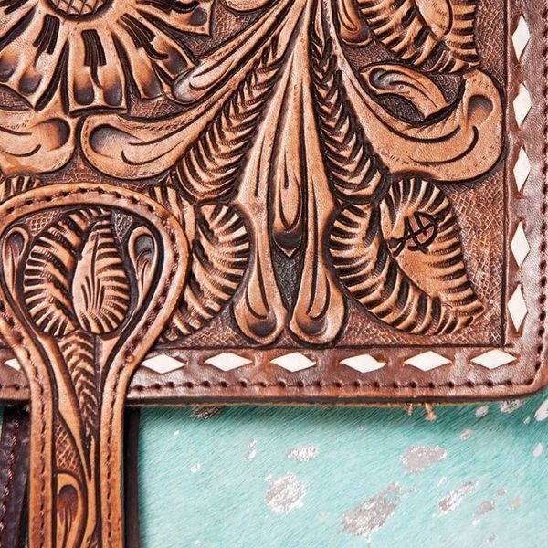 Western Tooled Leather Turquoise Cowhide Hair On Backpack Bag