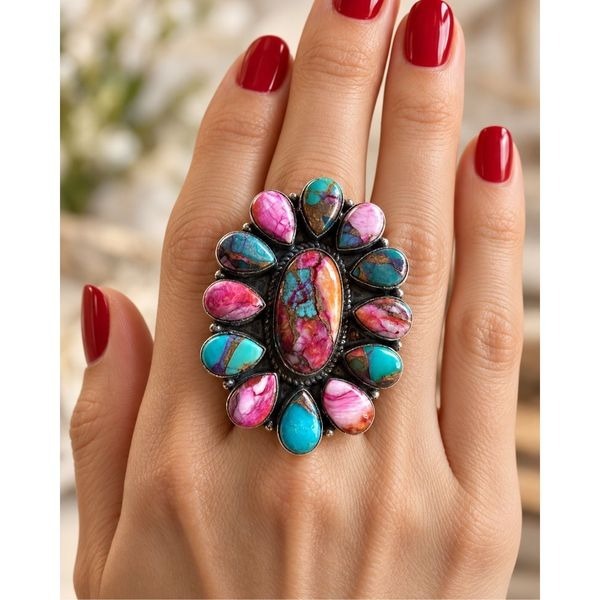Southwestern Pink Dahlia Turquoise Statement Silver Ring Boho Artisan Design 6