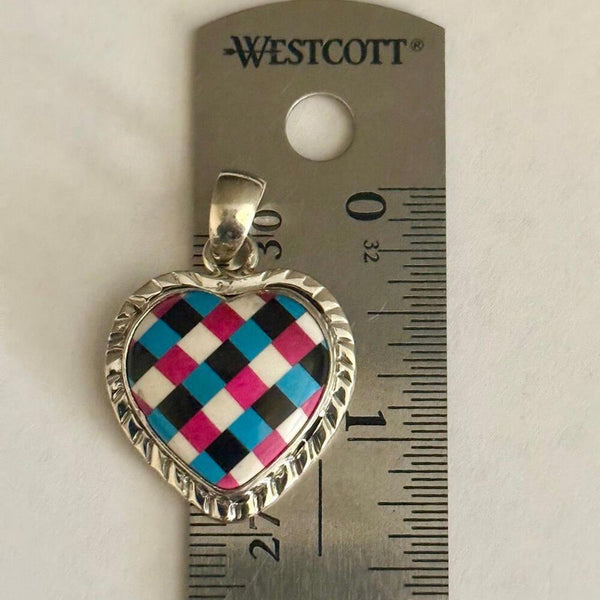New Multi-Stone Heart Pendant Necklace Sterling Silver Southwest Inlay Artisan