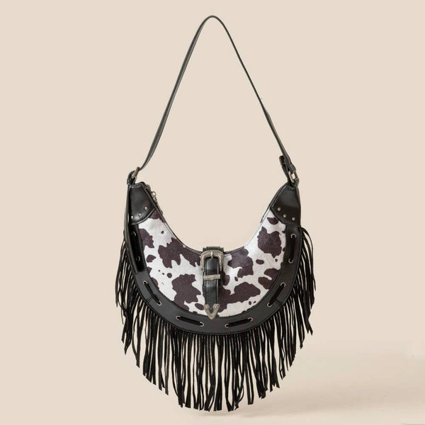 Cow Print Faux Leather Fringe Hobo Bag