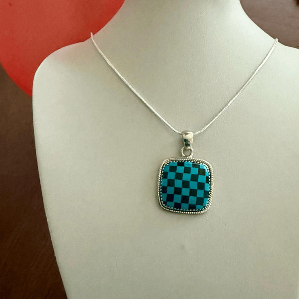 Southwest Kingman Turquoise & Onyx Heart Checkerboard Sterling Silver Necklace