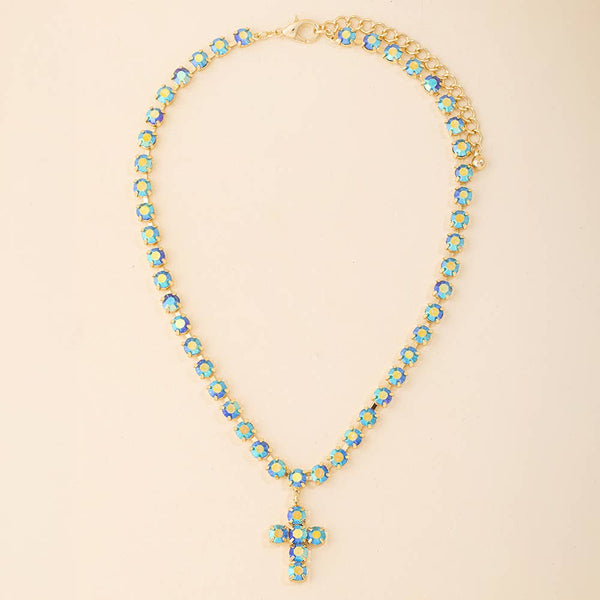 Rhinestone Cup Chain Necklace With Cross Pendant