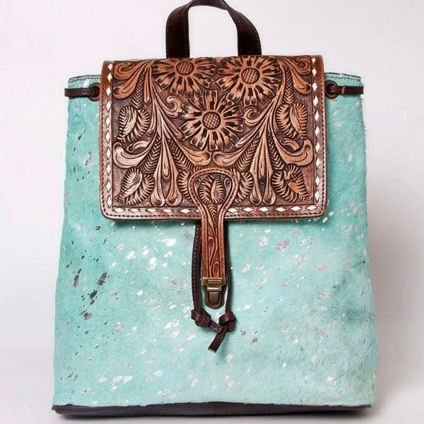 Western Tooled Leather Turquoise Cowhide Hair On Backpack Bag