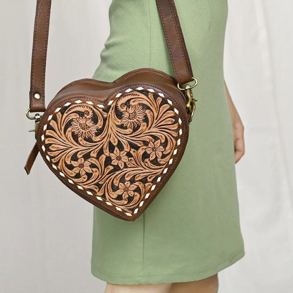 New Heart Canteen Purse Genuine Western Tooled Leather Women