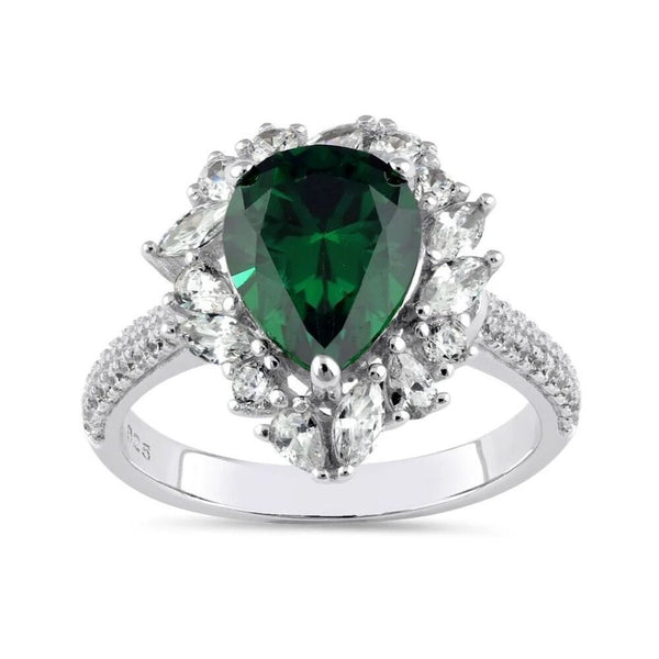 New Sterling Silver Pear Cut Emerald CZ Halo Ring Size 10
