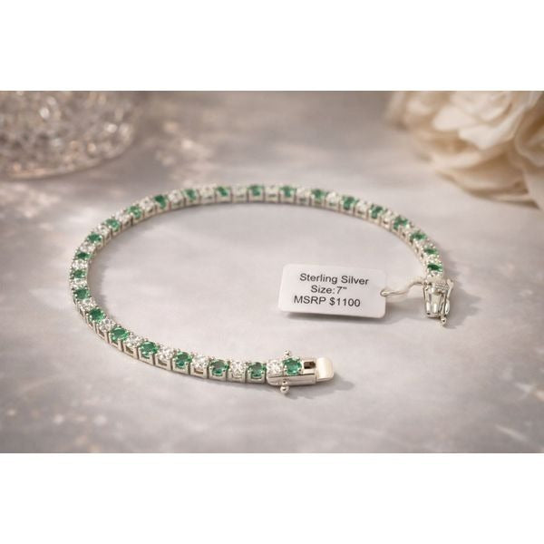 Emerald & CZ Sterling Silver Tennis Bracelet 7” Gemstone